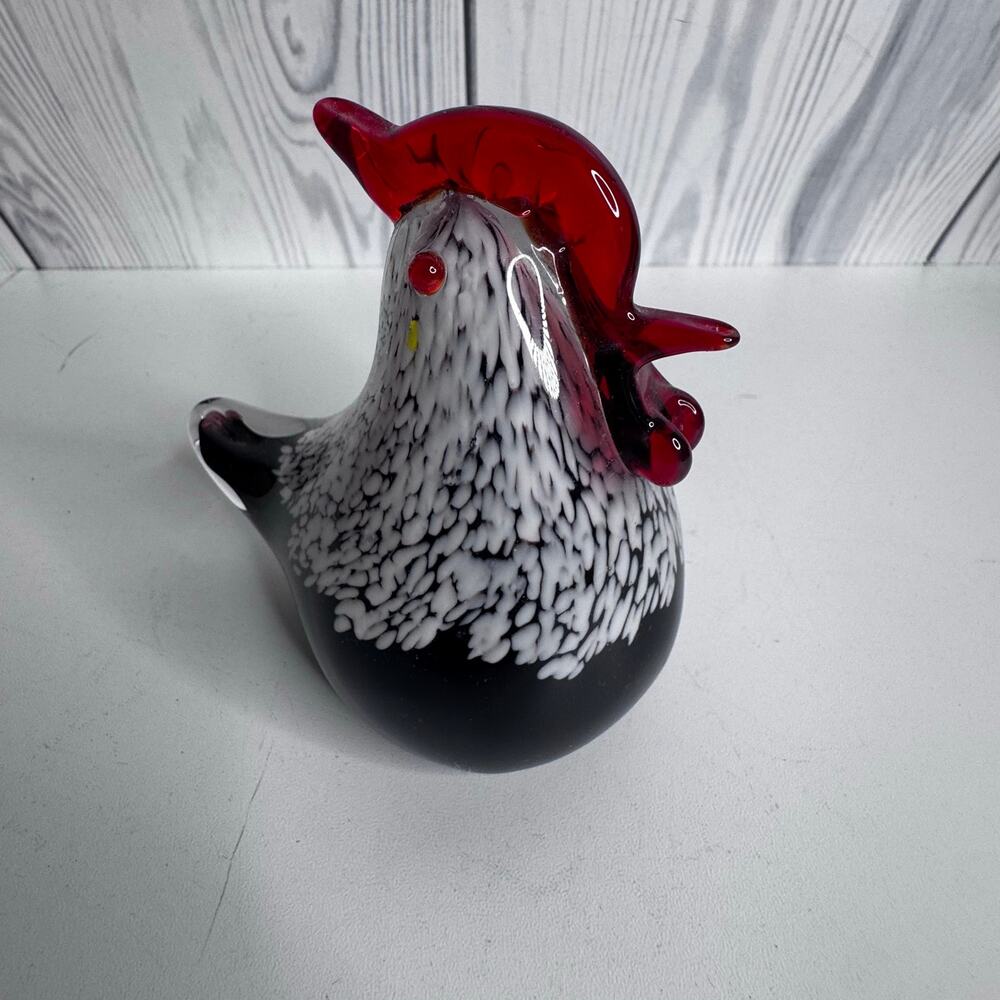 Art Glass Hand Worked Red Black White 4" Rooster Paper Weight